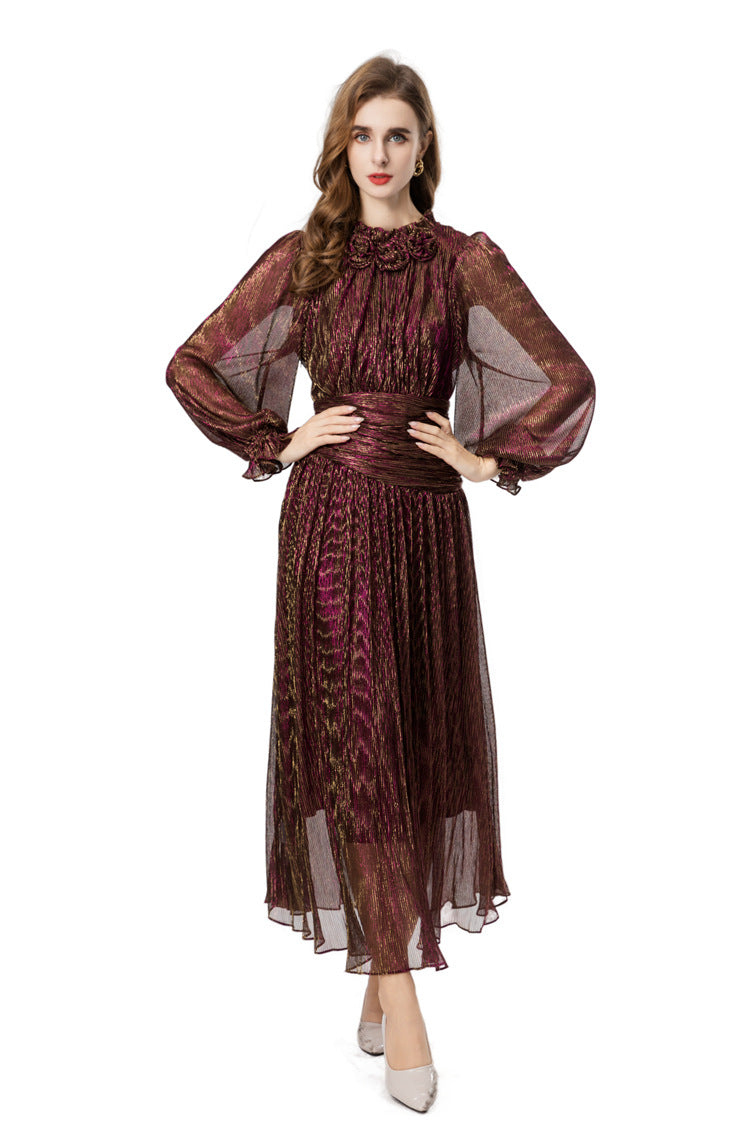 Burgundy Metallic Thread Ruched Waist Maxi Dress with Beaded Neckline