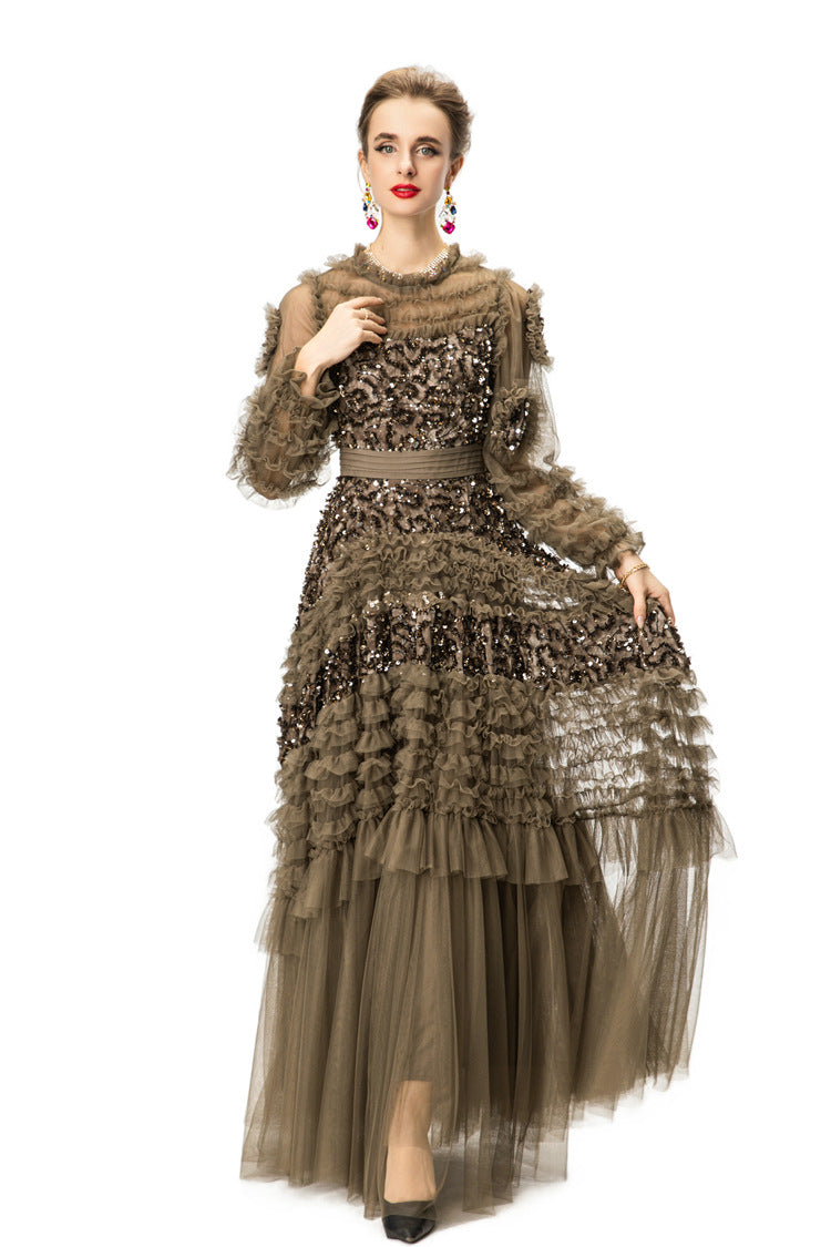 Caramel Sequin Ruffled Tulle Tiered Maxi Gown – Formal Evening Dress SP10005