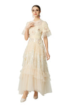 Sequin Floral Embroidered Tiered Tulle Maxi Dress – Ruffled Neck SP10037