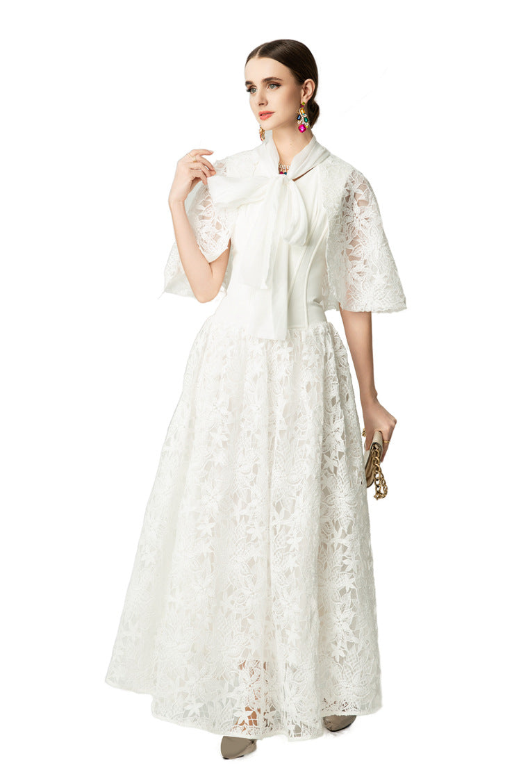 Satin Lace Patchwork Bow Tie Flare Sleeve Maxi Dress SP10057