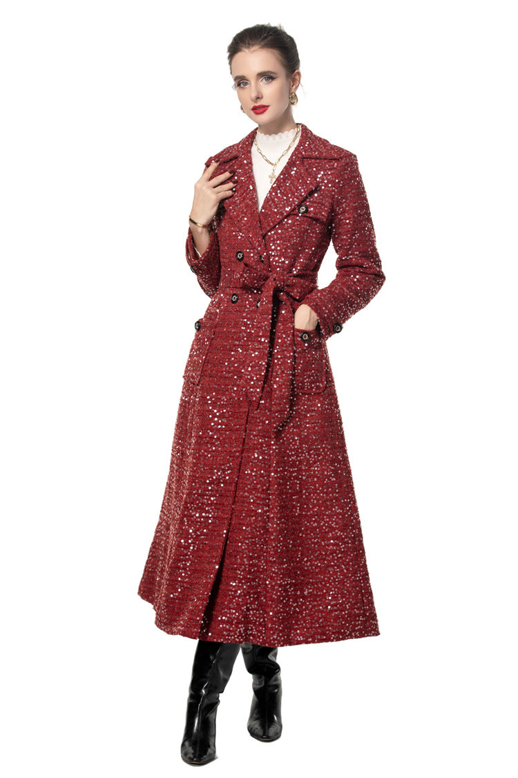 Sequin Embellished Belted Maxi Trench Coat – French Luxury Winter Overcoat SP10027