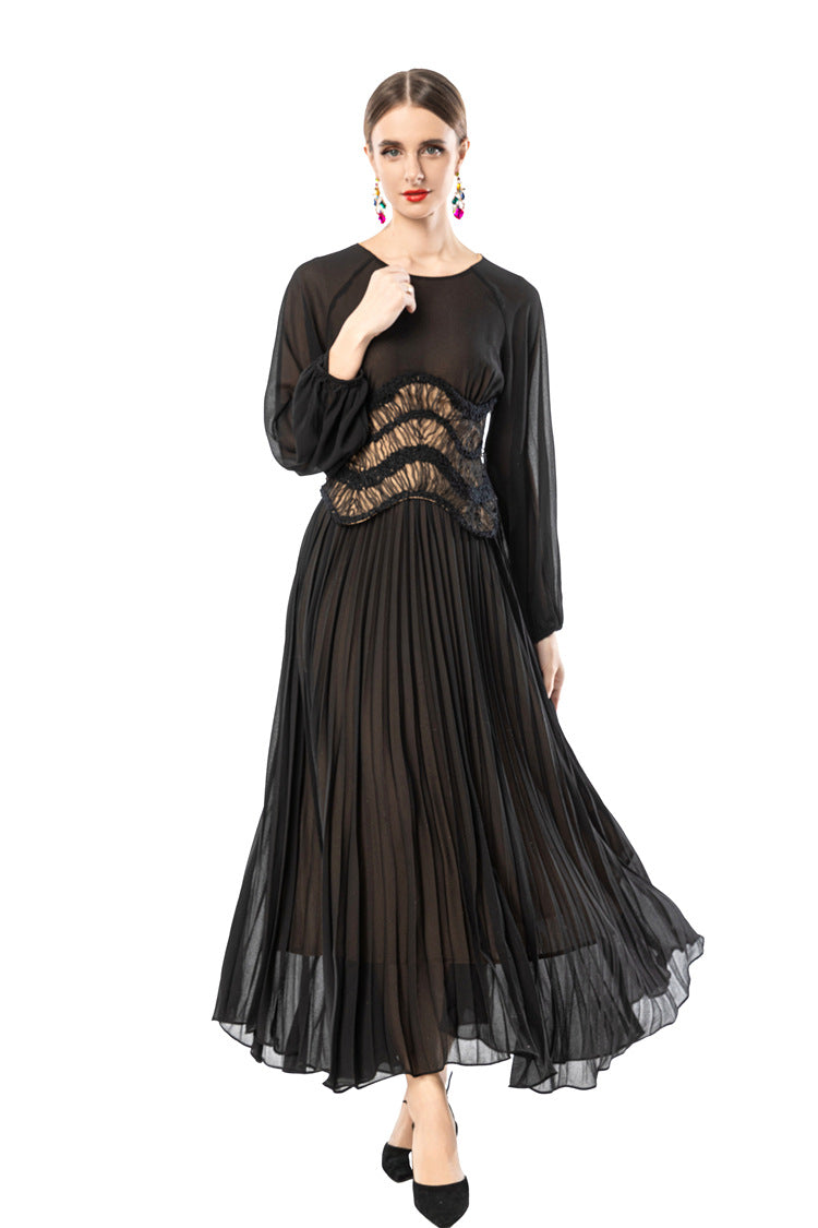 Sheer Puff Sleeve Embroidered Waist Pleated Midi Dress SP10094