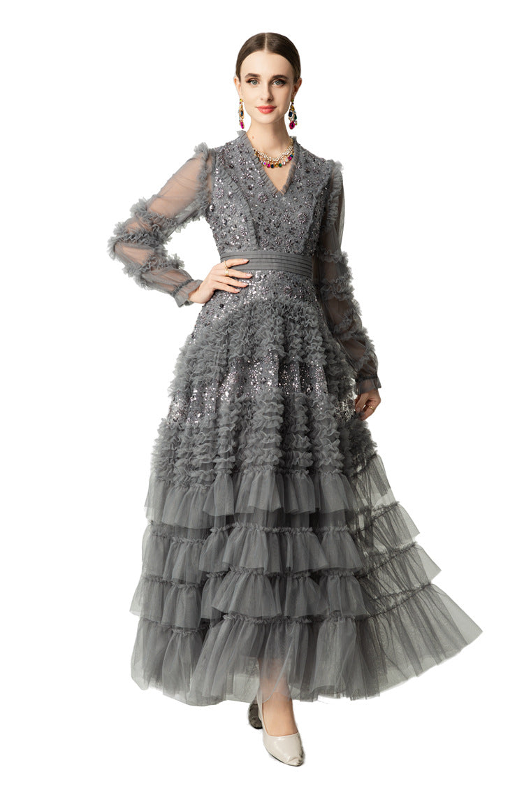 Sequin Embroidery Tiered Tulle Maxi Dress with Ruffled V-Neck SP10055