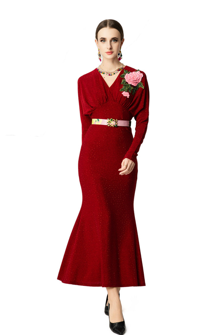 V-Neck Batwing Sleeve Peony Embroidery Mermaid Dress SP10048