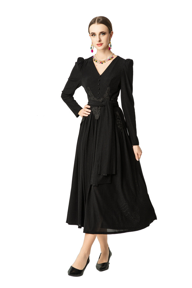 V-Neck Puff Sleeve Waist Embroidery Flared Midi Dress SP10059