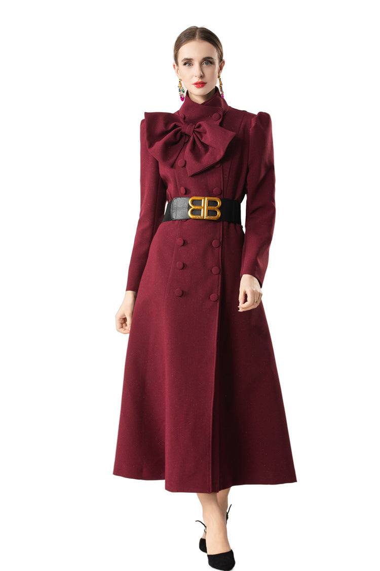 Bow Neck Puff Sleeve Double-Breasted Maxi Coat Dress SP10089