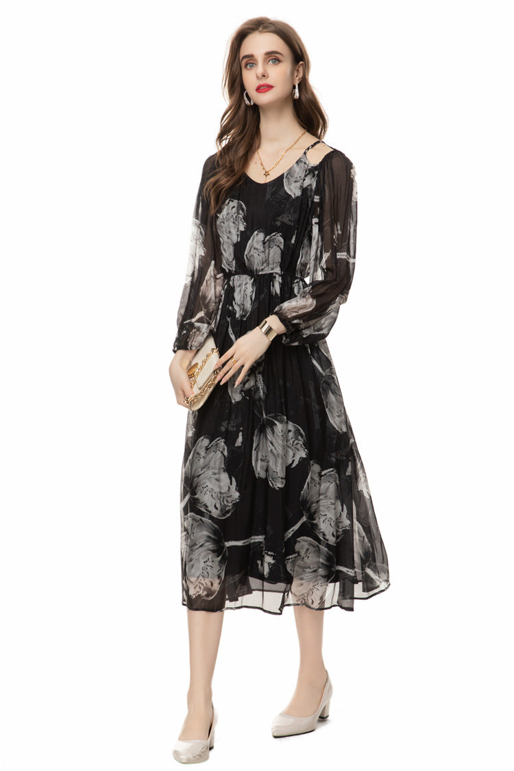 Silk Asymmetrical V-Neck Cinched Waist Midi Dress – French Luxury SP10029