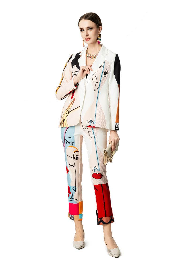 Abstract Face Print Blazer & Cropped Pants Two-Piece Set SP10052