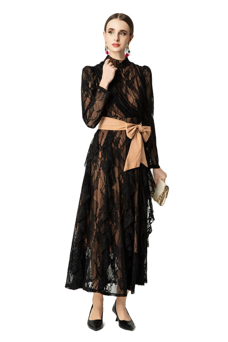High Neck Lace Ruffle Hem Maxi Dress with Detachable Belt SP10045
