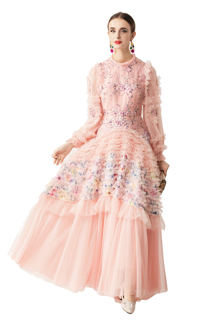 Ruffled High Neck 3D Floral Tiered Tulle Maxi Dress SP10083