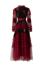 Burgundy Velvet Beaded Tulle Ruffled Sleeve Maxi Dress – French Luxury SP10006