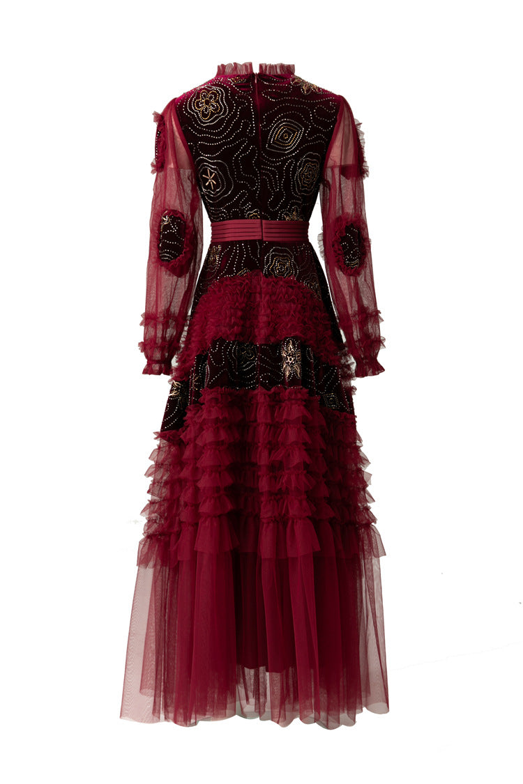 Burgundy Velvet Beaded Tulle Ruffled Sleeve Maxi Dress – French Luxury SP10006