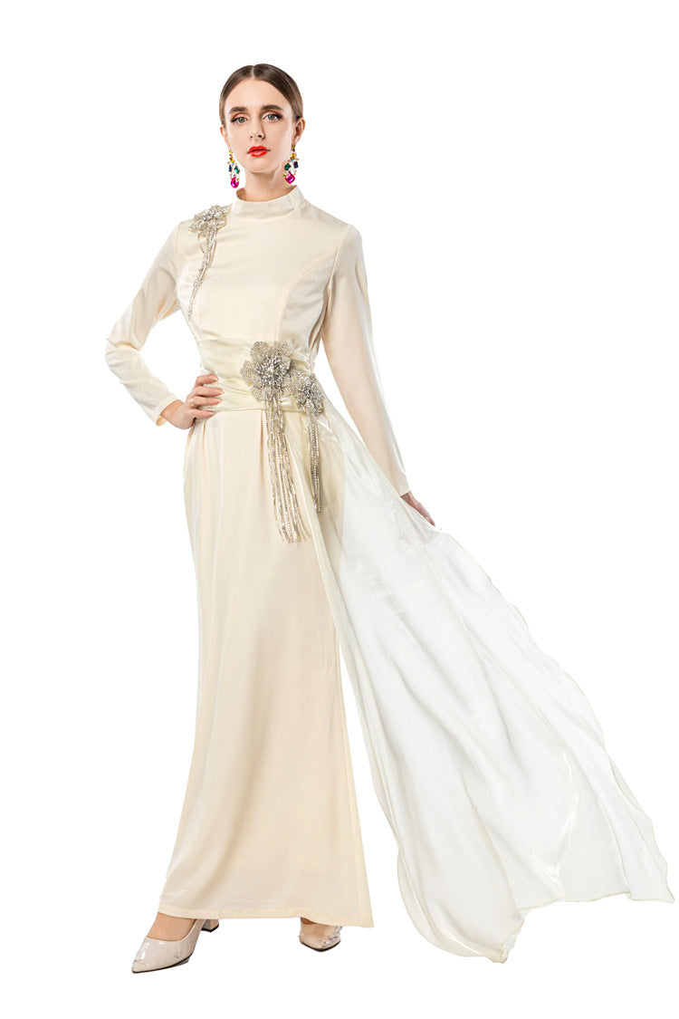 Navy Blue Satin High Neck Evening Gown with Beaded Floral Tassels SP10104