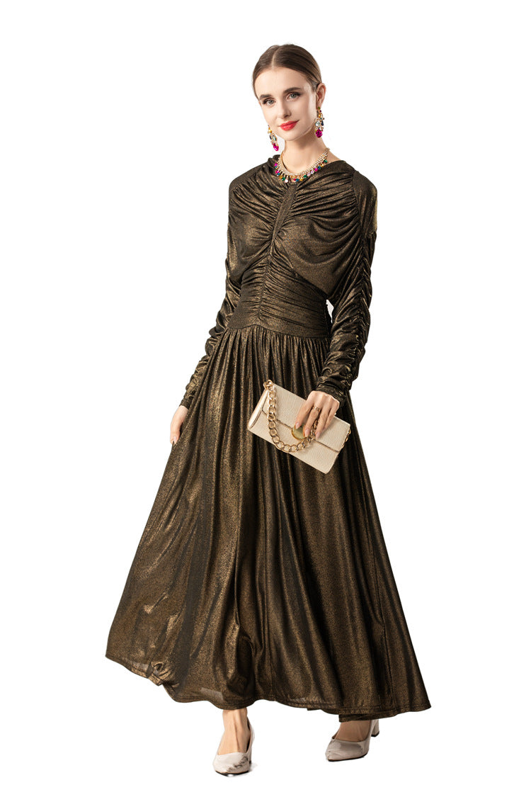 Metallic Ruched Waist Flared Maxi Dress SP10087
