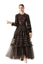 Burgundy Sequin Ruffled Tulle Tiered Maxi Evening Dress SP10016
