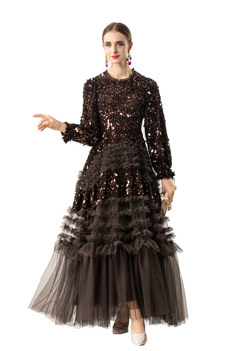 Burgundy Sequin Ruffled Tulle Tiered Maxi Evening Dress SP10016