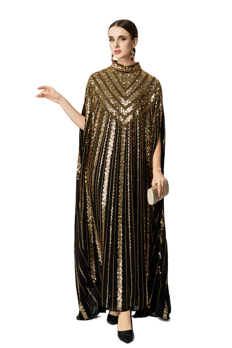 Hand-Beaded Sequin Cape Kaftan Maxi Dress SP10058