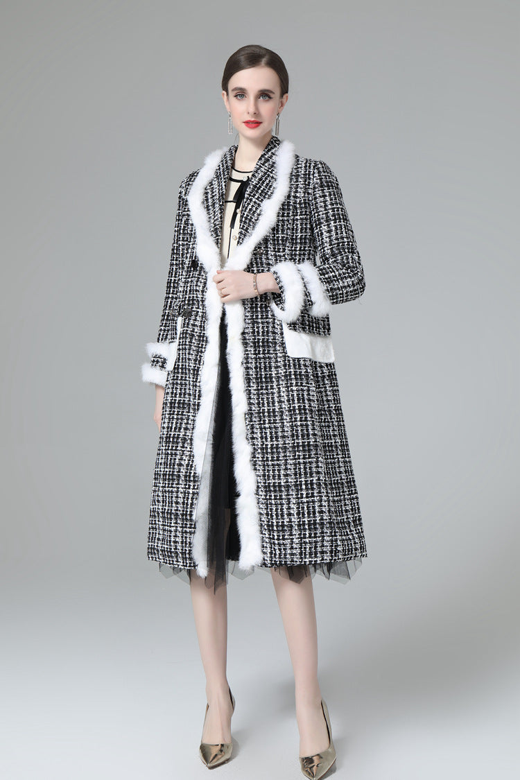 Plaid Tweed Faux Fur Trim Double Breasted Midi Coat SP10033