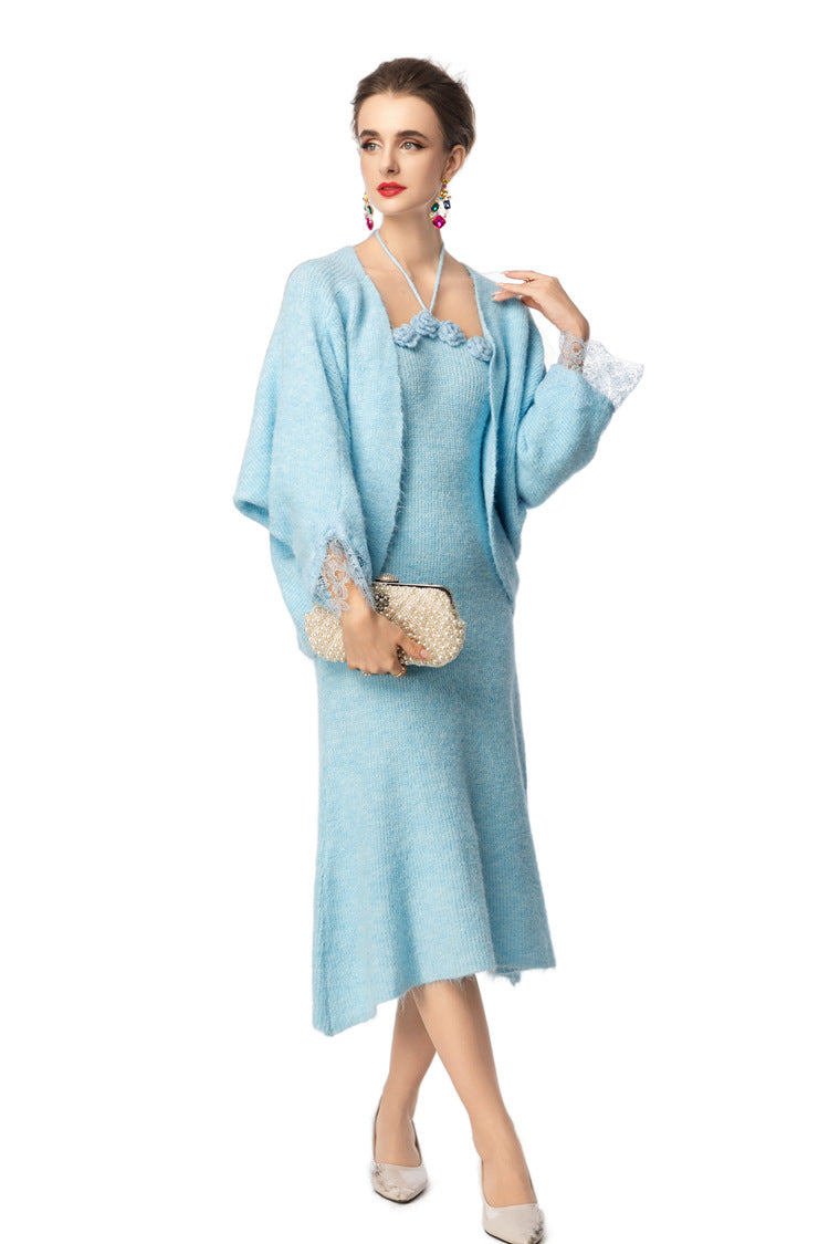 3D Floral Halter Dress & Lace Cuff Knit Cardigan Two-Piece Set SP10099