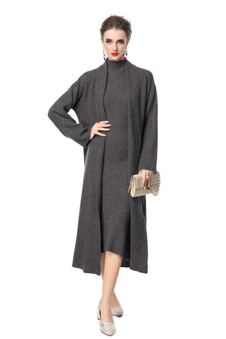 Turtleneck Dress & Long Knit Cardigan Two-Piece Set SP10097