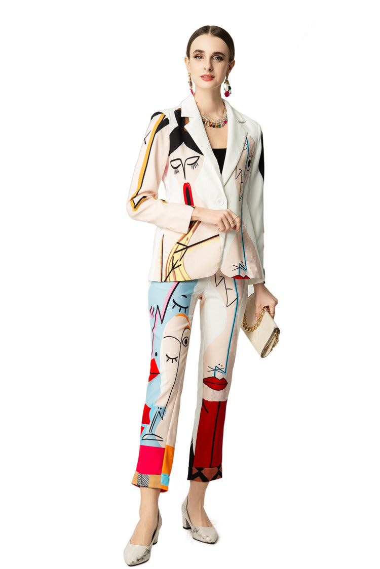 Abstract Face Print Blazer & Cropped Pants Two-Piece Set SP10052