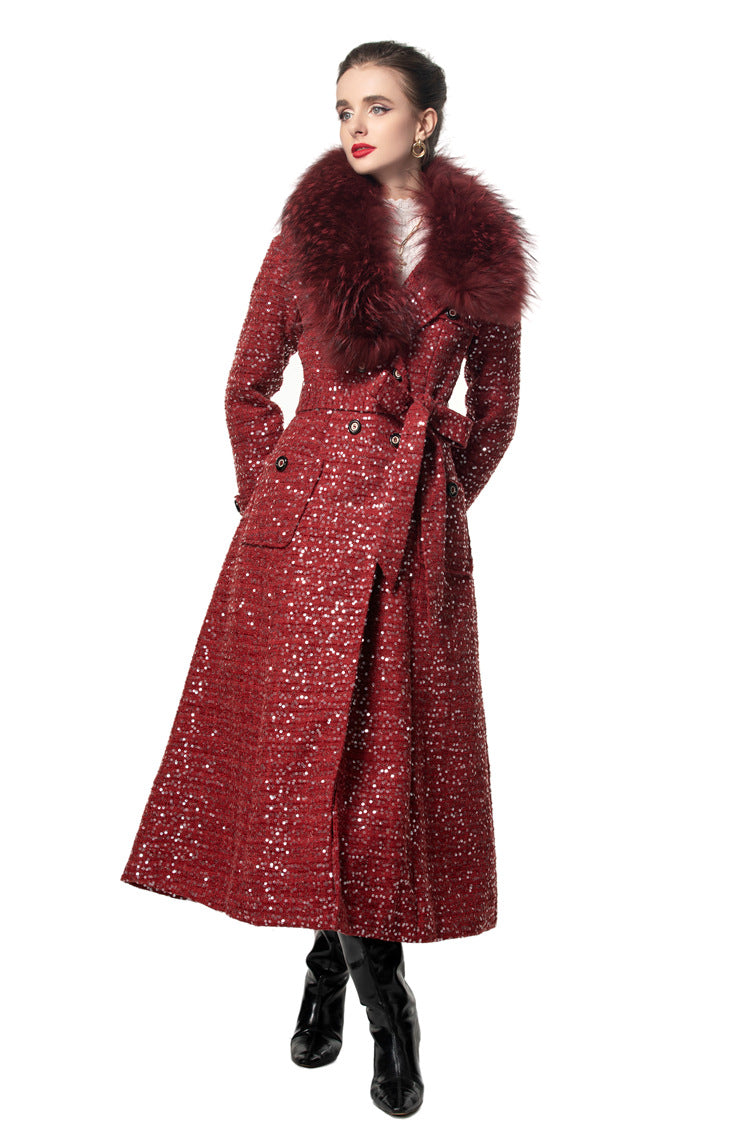 Sequin Embellished Belted Maxi Trench Coat – French Luxury Winter Overcoat SP10027
