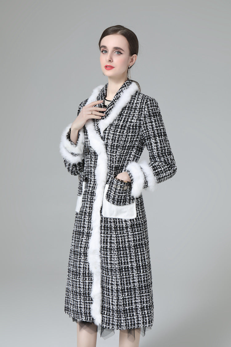 Plaid Tweed Faux Fur Trim Double Breasted Midi Coat SP10033