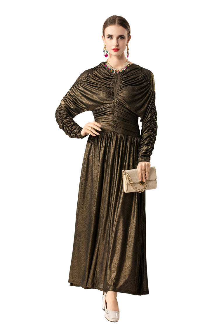 Metallic Ruched Waist Flared Maxi Dress SP10087