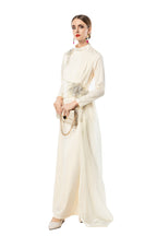 Navy Blue Satin High Neck Evening Gown with Beaded Floral Tassels SP10104