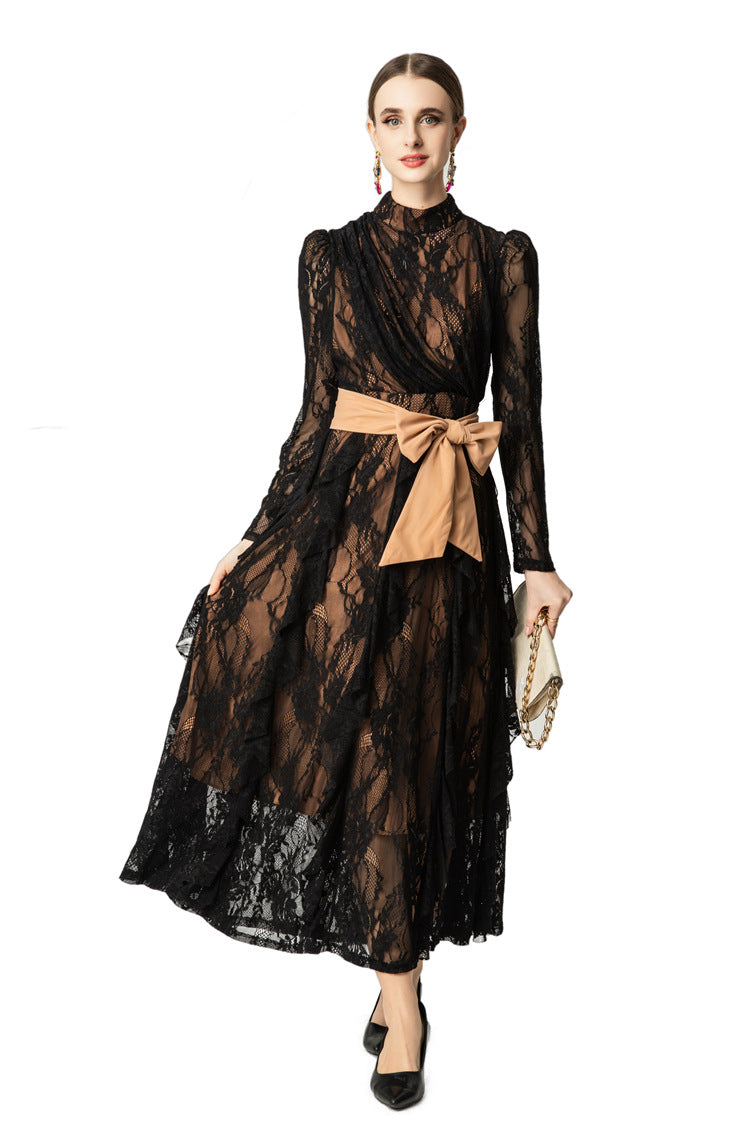 High Neck Lace Ruffle Hem Maxi Dress with Detachable Belt SP10045