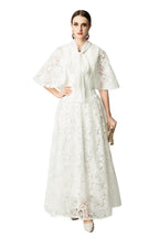 Satin Lace Patchwork Bow Tie Flare Sleeve Maxi Dress SP10057
