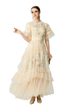 Sequin Floral Embroidered Tiered Tulle Maxi Dress – Ruffled Neck SP10037
