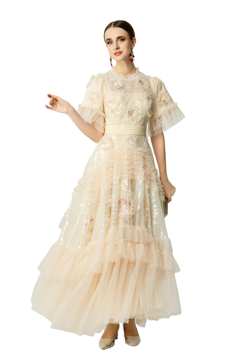 Sequin Floral Embroidered Tiered Tulle Maxi Dress – Ruffled Neck SP10037