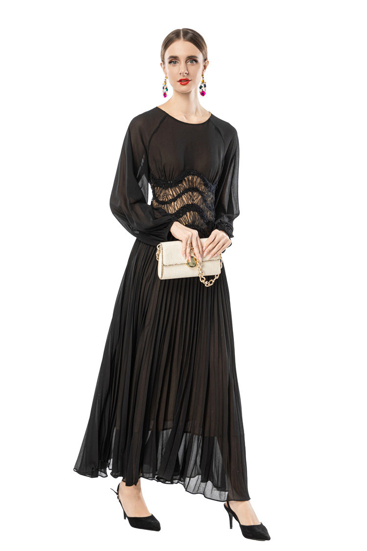 Sheer Puff Sleeve Embroidered Waist Pleated Midi Dress SP10094