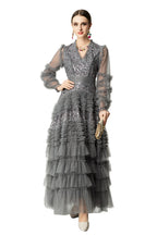 Sequin Embroidery Tiered Tulle Maxi Dress with Ruffled V-Neck SP10055