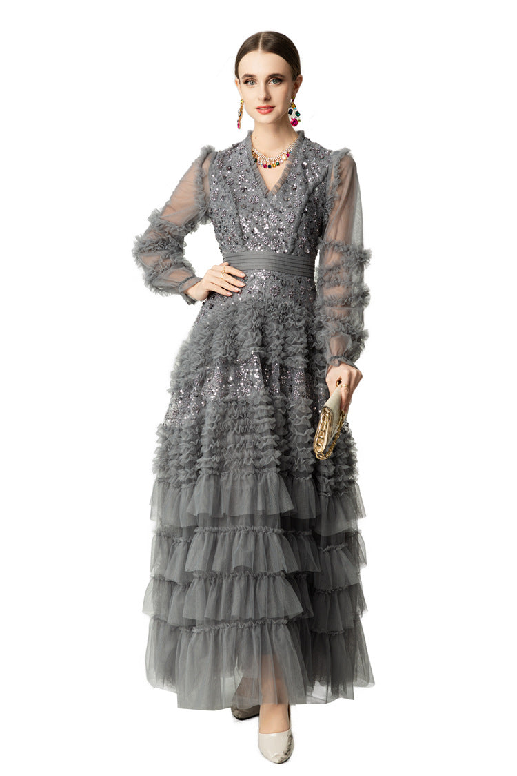 Sequin Embroidery Tiered Tulle Maxi Dress with Ruffled V-Neck SP10055