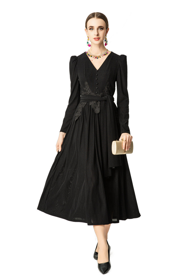 V-Neck Puff Sleeve Waist Embroidery Flared Midi Dress SP10059