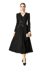 V-Neck Puff Sleeve Waist Embroidery Flared Midi Dress SP10059