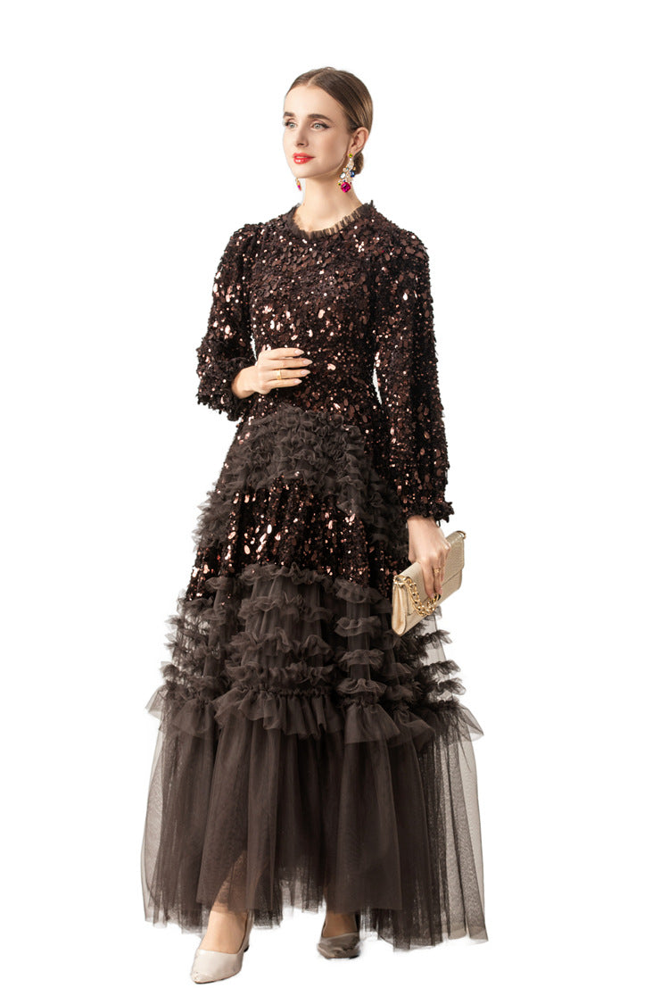 Burgundy Sequin Ruffled Tulle Tiered Maxi Evening Dress SP10016
