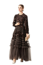 Burgundy Sequin Ruffled Tulle Tiered Maxi Evening Dress SP10016