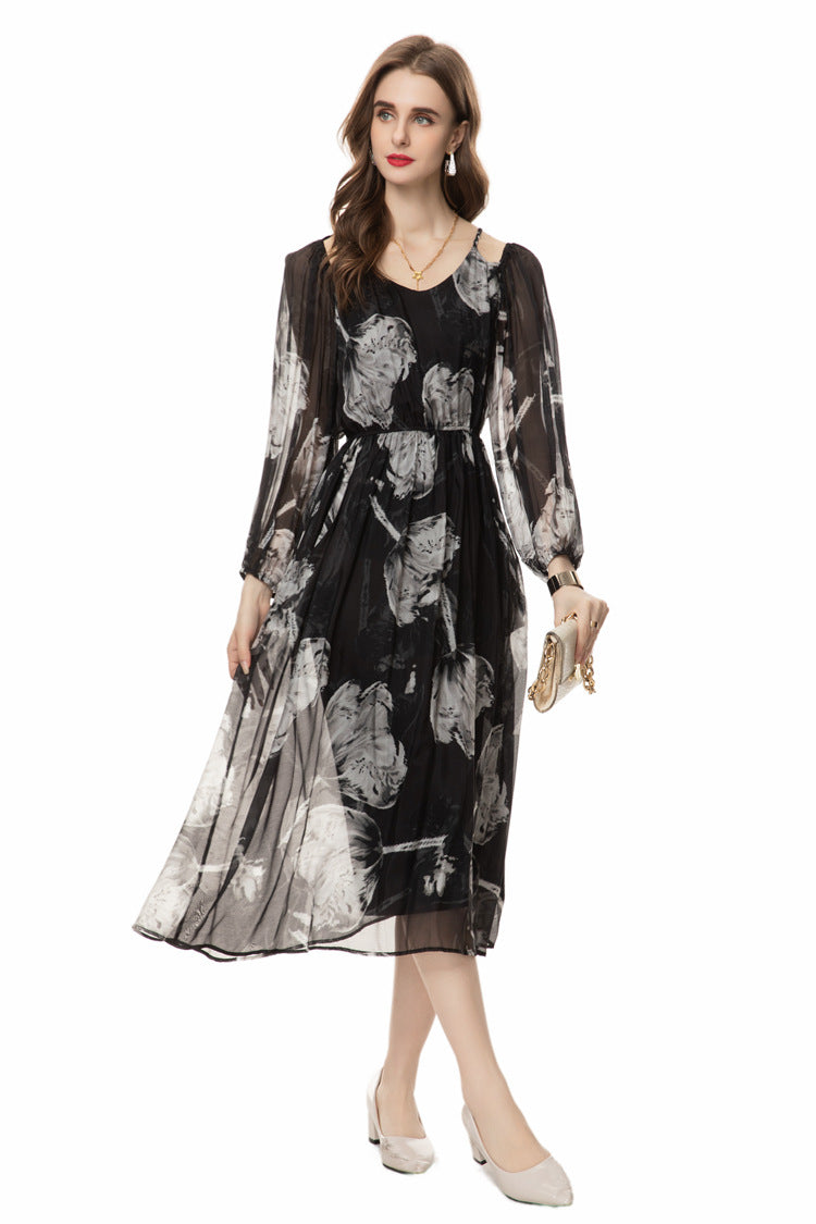 Silk Asymmetrical V-Neck Cinched Waist Midi Dress – French Luxury SP10029