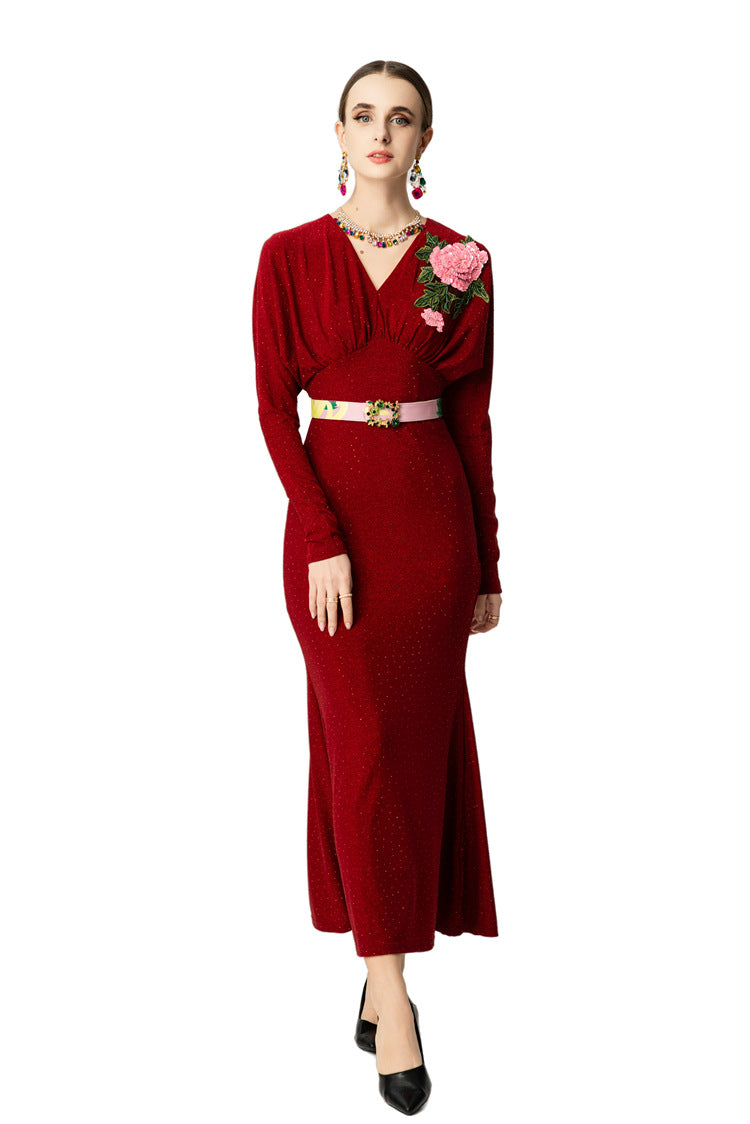 V-Neck Batwing Sleeve Peony Embroidery Mermaid Dress SP10048