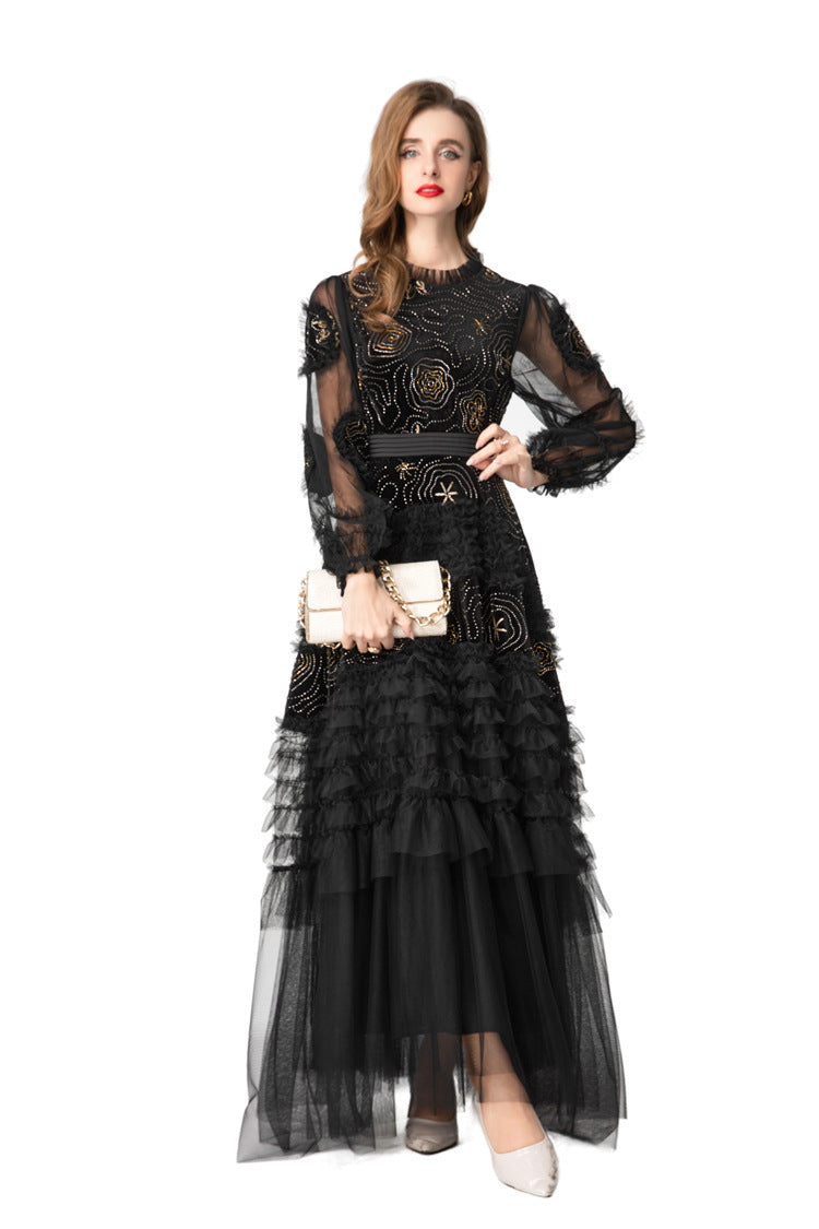Burgundy Velvet Beaded Tulle Ruffled Sleeve Maxi Dress – French Luxury SP10006