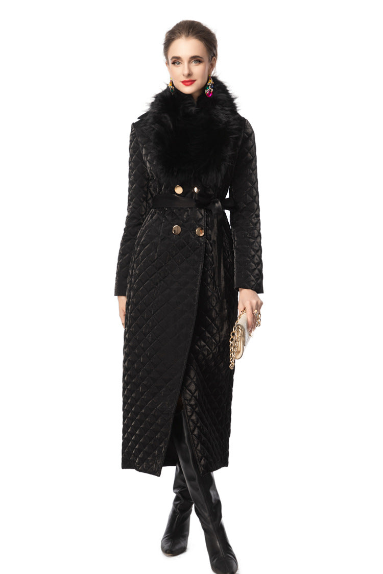 Detachable Fur Collar Quilted Velvet Maxi Coat SP10100