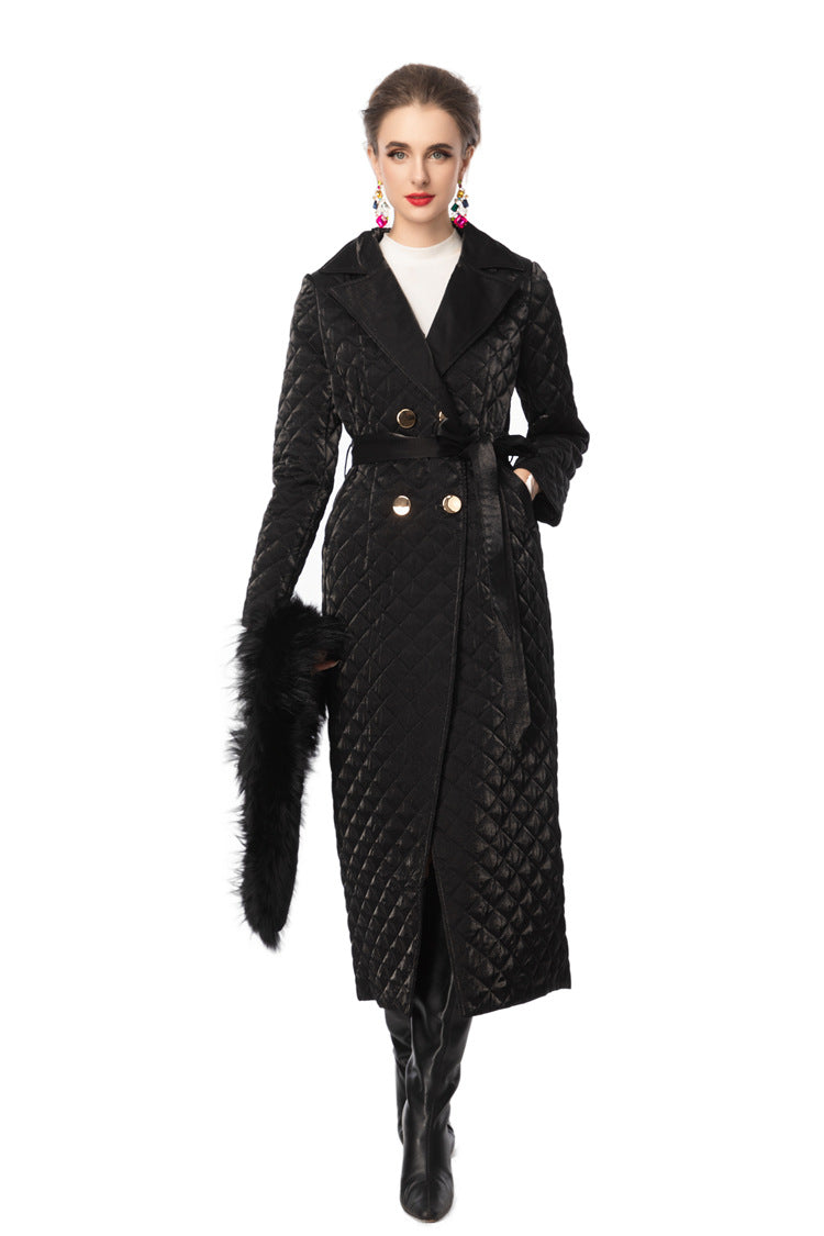 Detachable Fur Collar Quilted Velvet Maxi Coat SP10100