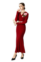 V-Neck Batwing Sleeve Peony Embroidery Mermaid Dress SP10048