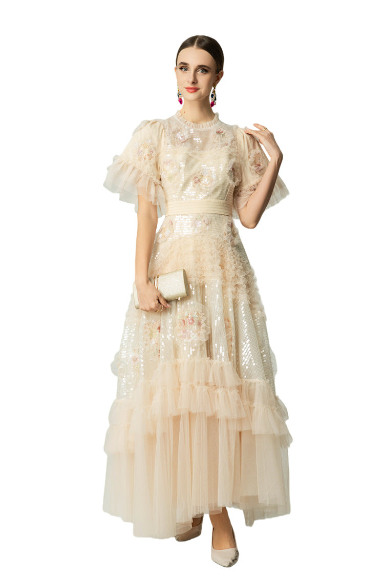 Sequin Floral Embroidered Tiered Tulle Maxi Dress – Ruffled Neck SP10037