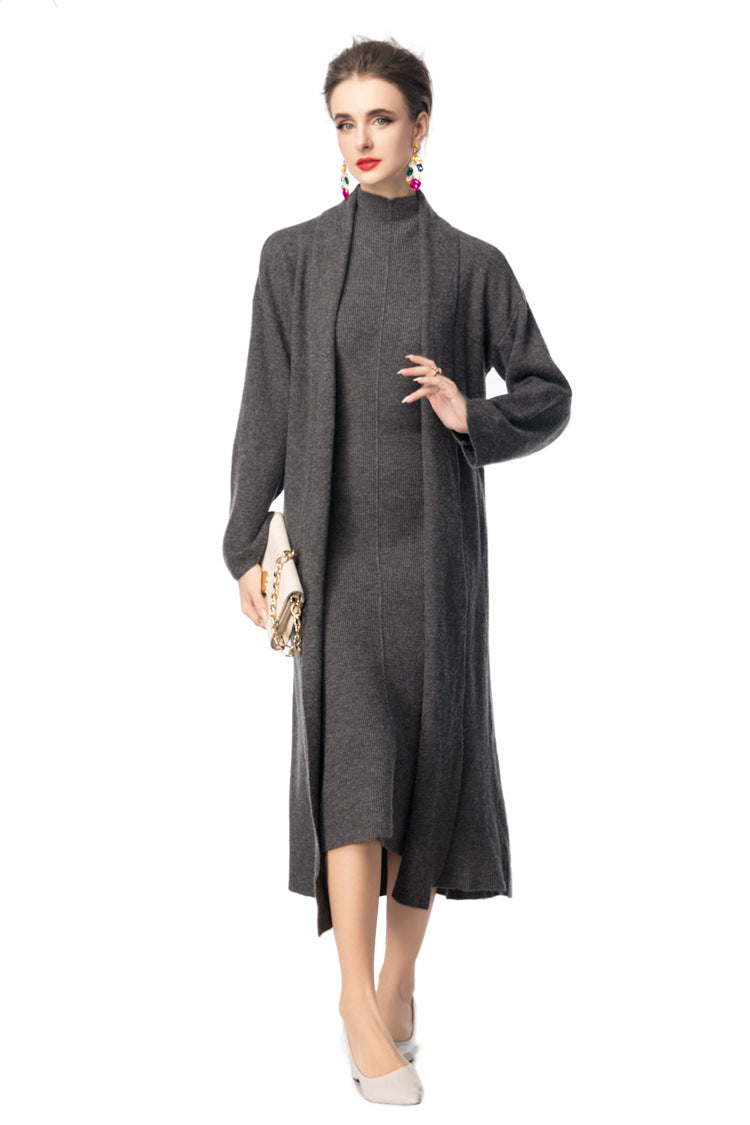 Turtleneck Dress & Long Knit Cardigan Two-Piece Set SP10097