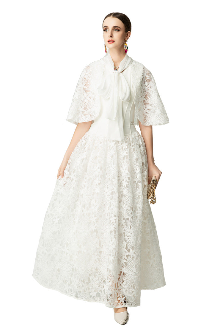 Satin Lace Patchwork Bow Tie Flare Sleeve Maxi Dress SP10057