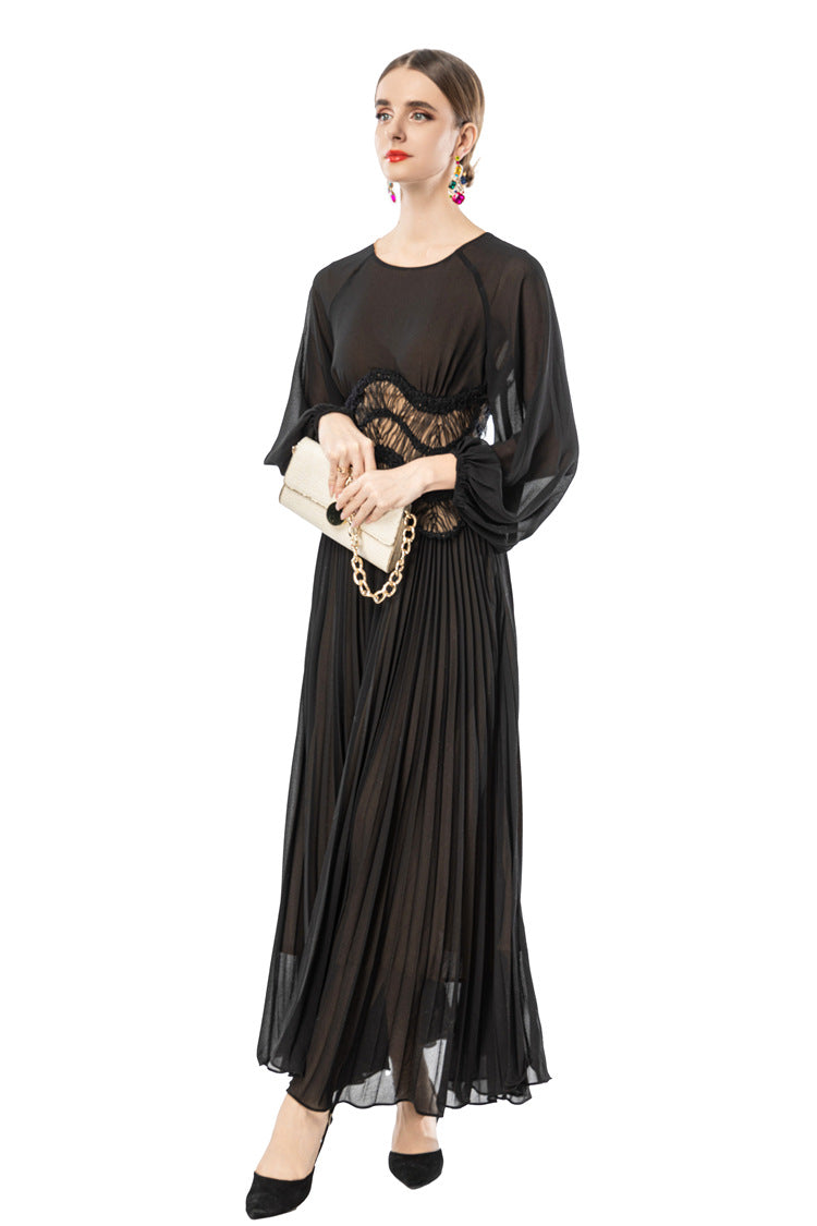 Sheer Puff Sleeve Embroidered Waist Pleated Midi Dress SP10094